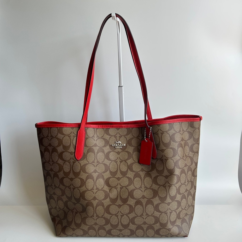 Coach City Tote Miami Red Khaki Brown Signature Canvas 5696